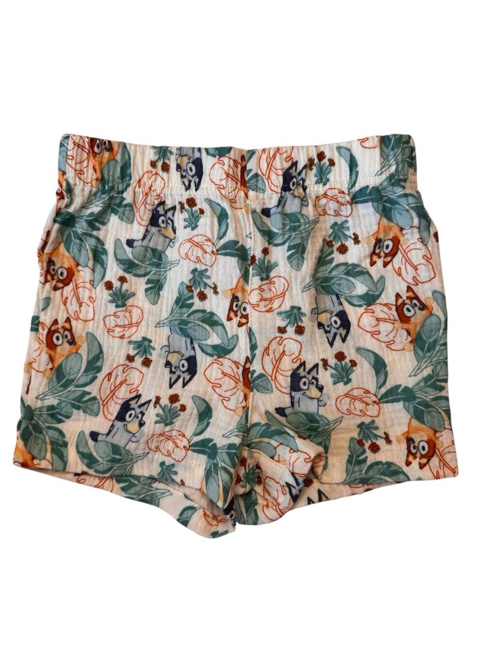 BLUEY Bingo Cotton Gauze Tropical Leaf Shorts Size 5T White Green Pull On Unisex